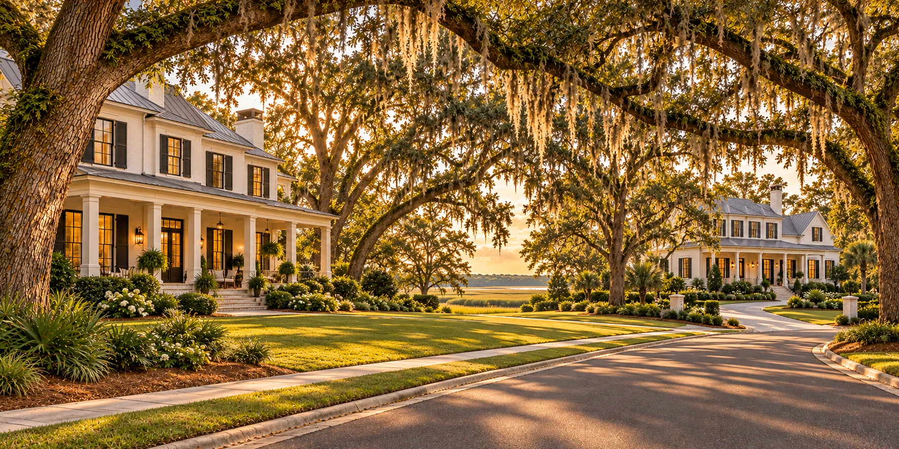 Illustrative estate-lot street view with large white brick homes, deep porches, live oak yards and waterfront glimpsed between the homes