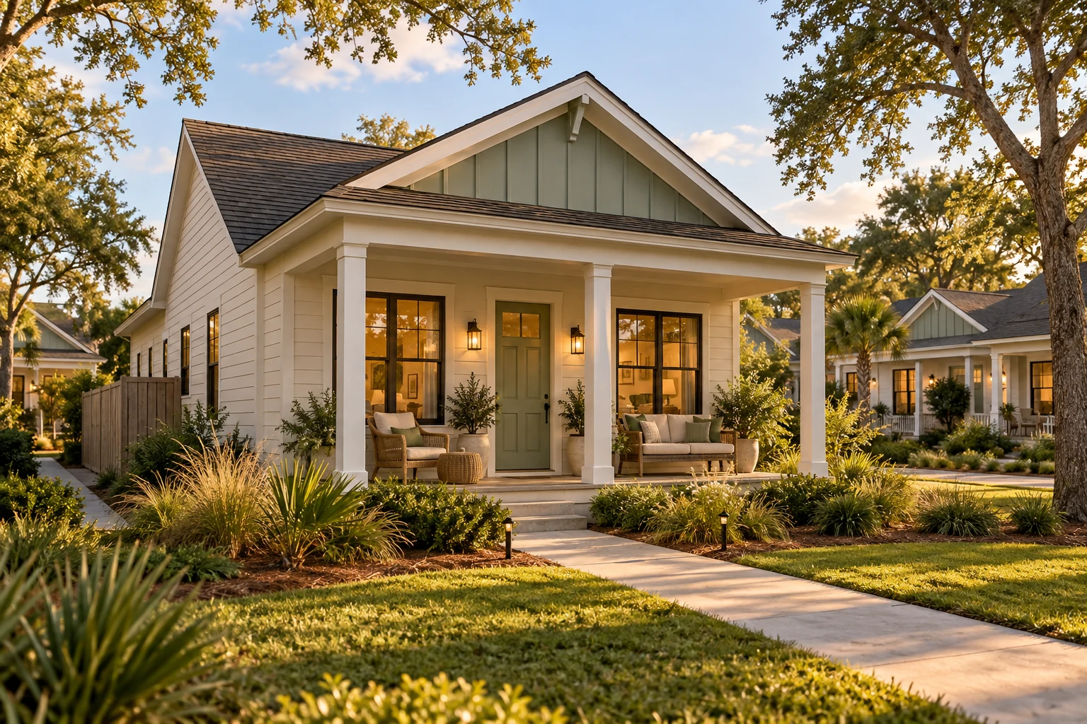 Conceptual cottage design for Williston with a welcoming porch and landscaped setting
