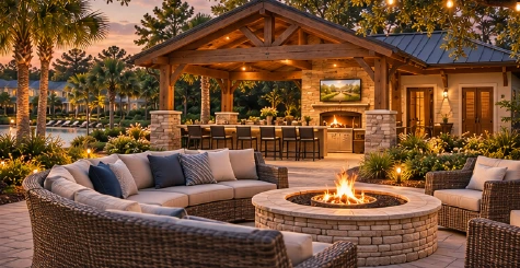 Pavilion and fireside gathering · Conceptual rendering