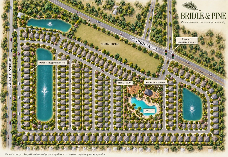 Illustrative community concept; not an engineered or approved site plan. Layout, drainage, access, amenities and final yield are subject to review.