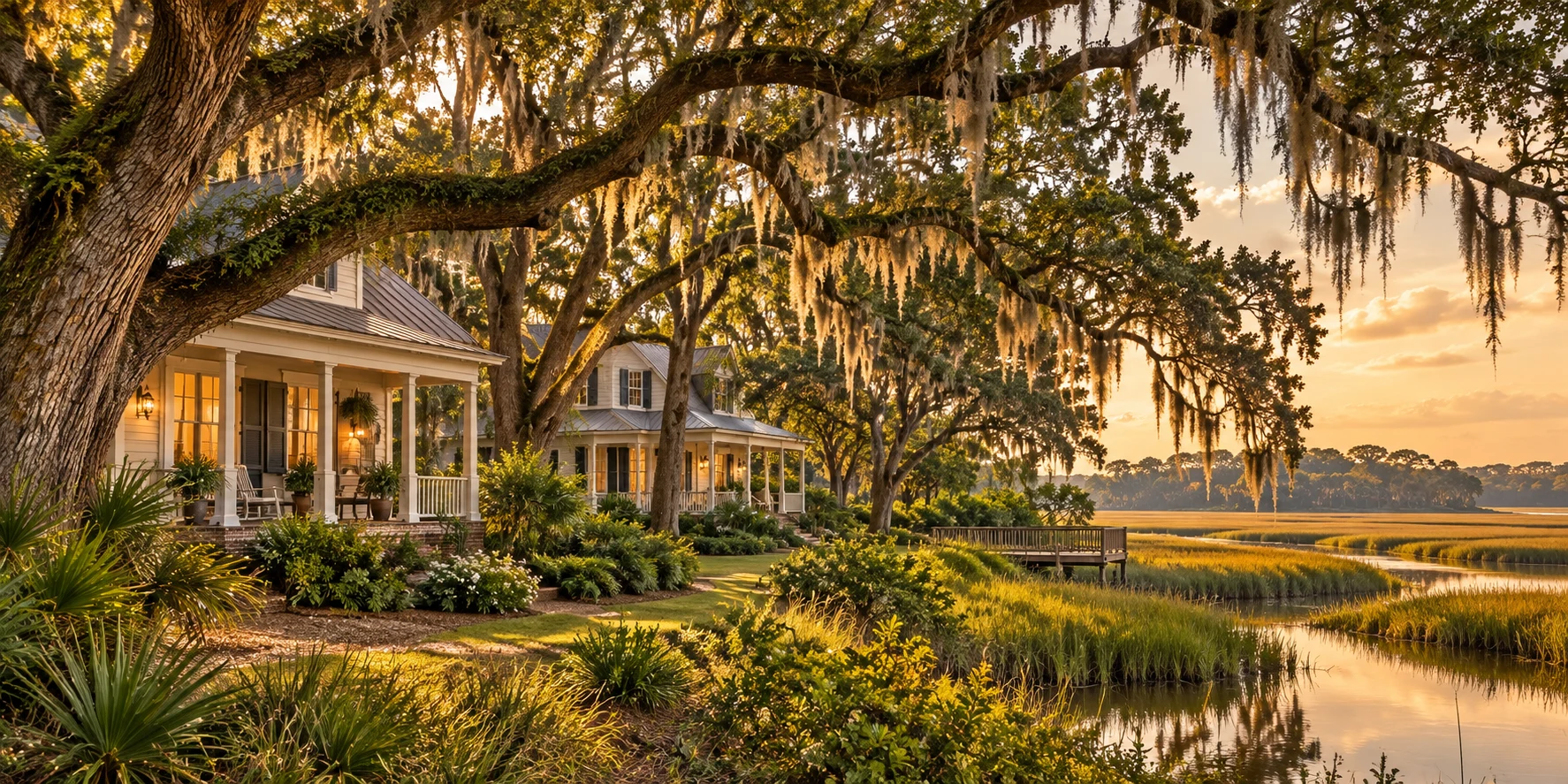 Illustrative Coastal Georgia neighborhood with two homes beneath live oaks and Spanish moss along tidal marsh frontage