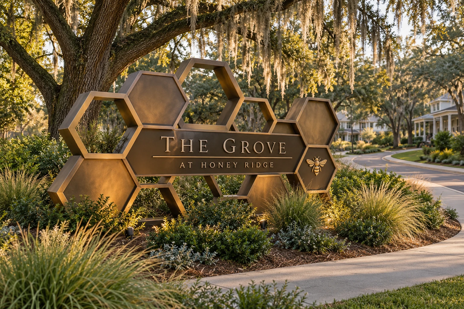 Illustrative community entrance for The Grove at Honey Ridge with a sculptural bronze metal honeycomb monument and bee detail