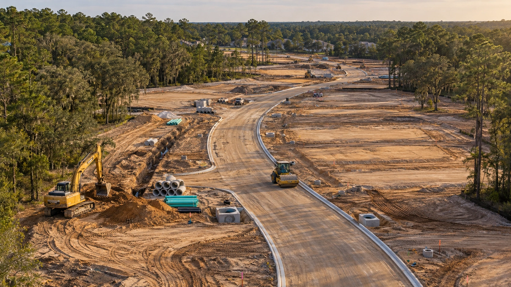 Illustrative drone view of active horizontal construction with graded residential lots, new curbs, drainage pipes, an excavator, and a compactor