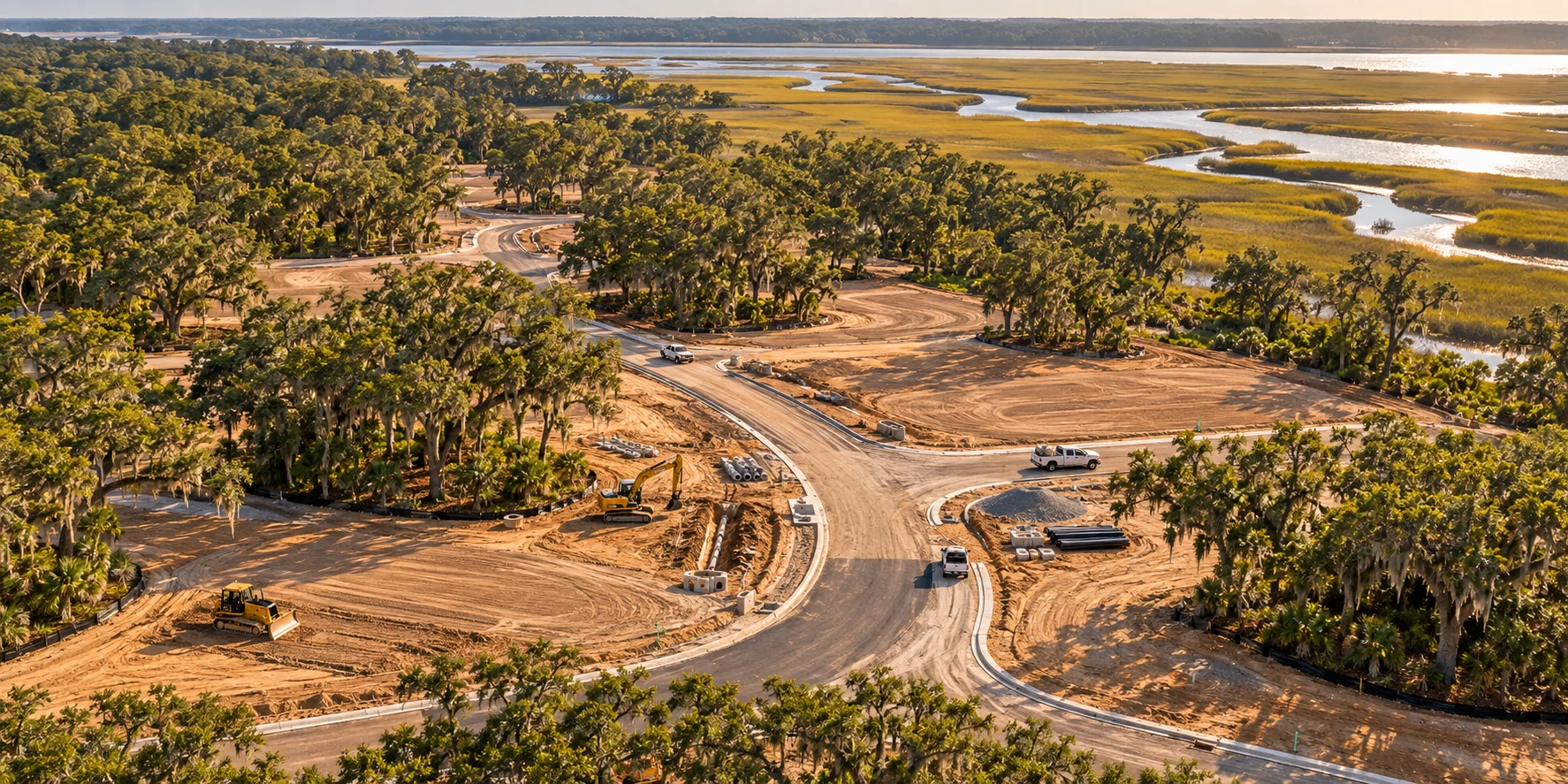 Illustrative overhead view of roads, drainage and grading during horizontal development