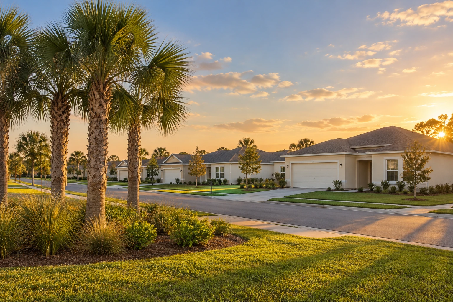 Sabal Grove illustrative neighborhood with simple single-story homes and palms in warm evening light